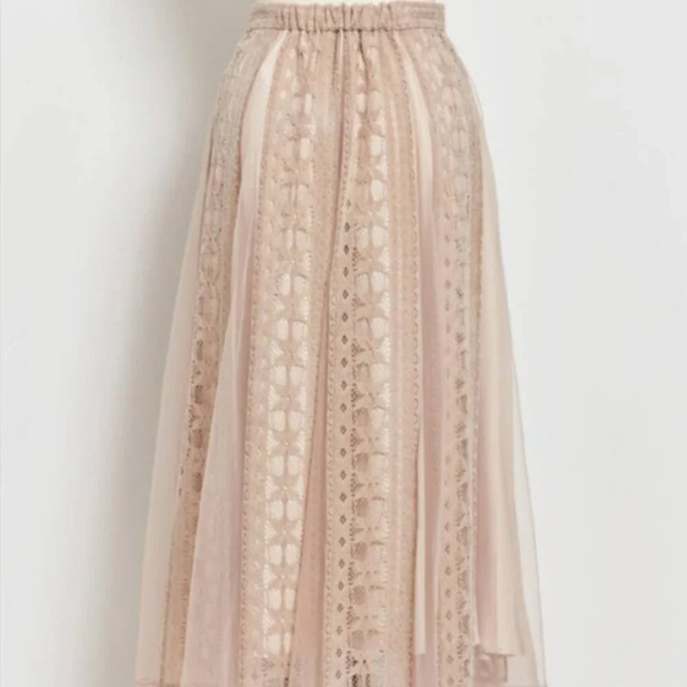 Noela Japan Pink High-Waisted Sheer Lace Patchwork Versatile Midi Skirt Size S